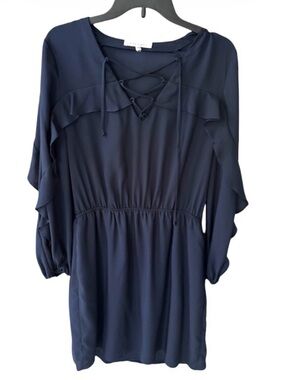 Navy Lace Up Long Sleeve Spring Wedding Guest Dress with Ruffled Detail Size M